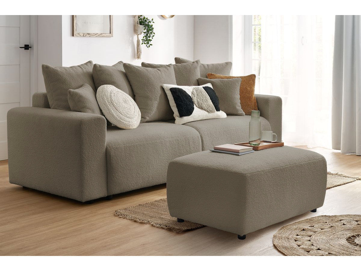 Sofa rozkładana z pojemnikiem ENVY miękka tkanina bukla z prostokątną pufą