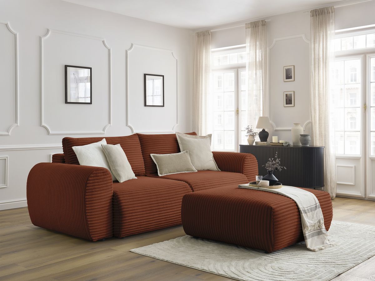 Sofa rozkładana z pojemnikiem LUCIEN gruby miękki sztruks z pufą