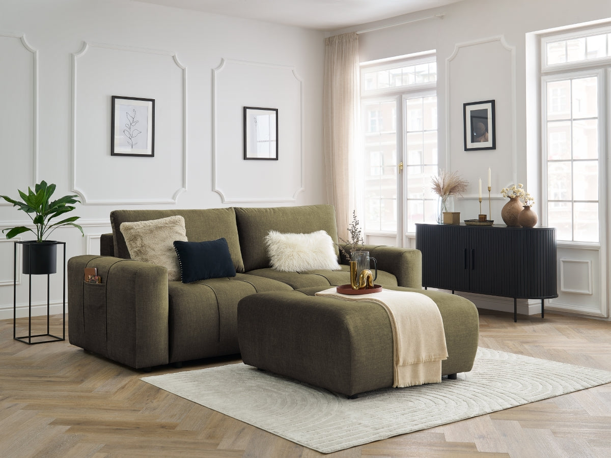 Sofa rozkładana z pojemnikiem ARSENE tkanina welur z pufą