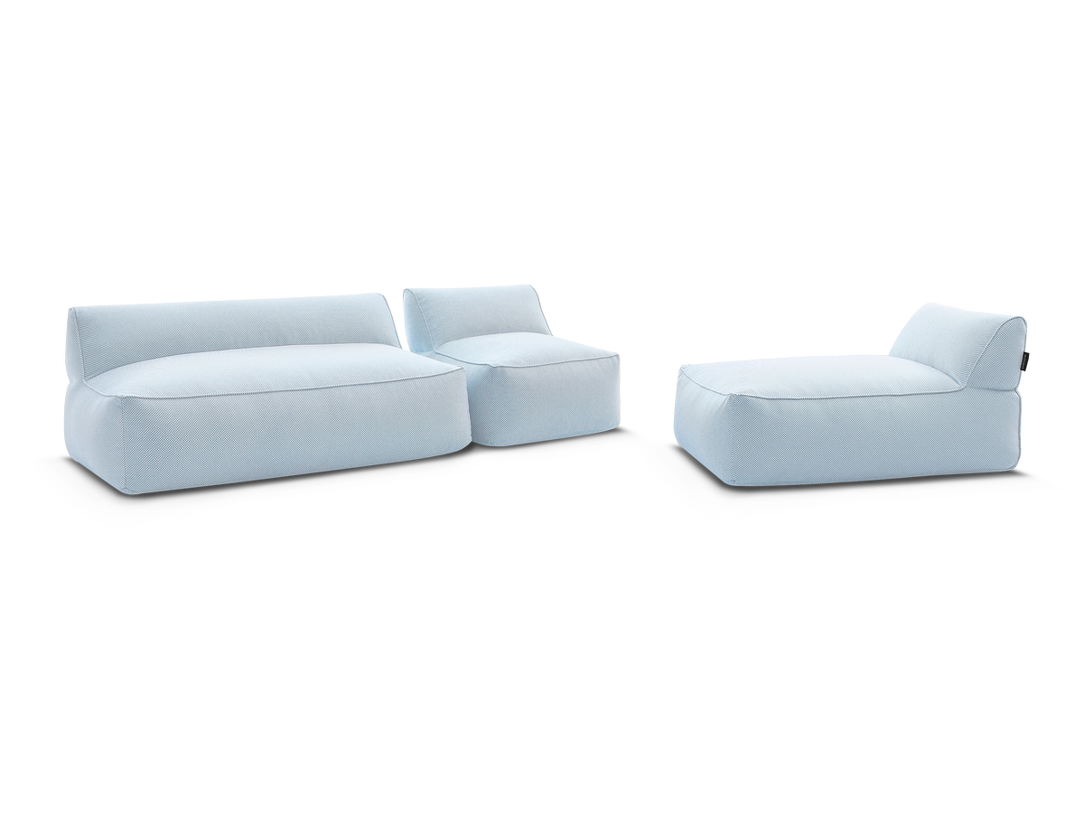 Sofa ogrodowa modułowa RIVIERA tkanina melanżowa z 1 Moduł 1-osobowymi, 1 Moduł 2-osobowymi i 1 szezlongiem
