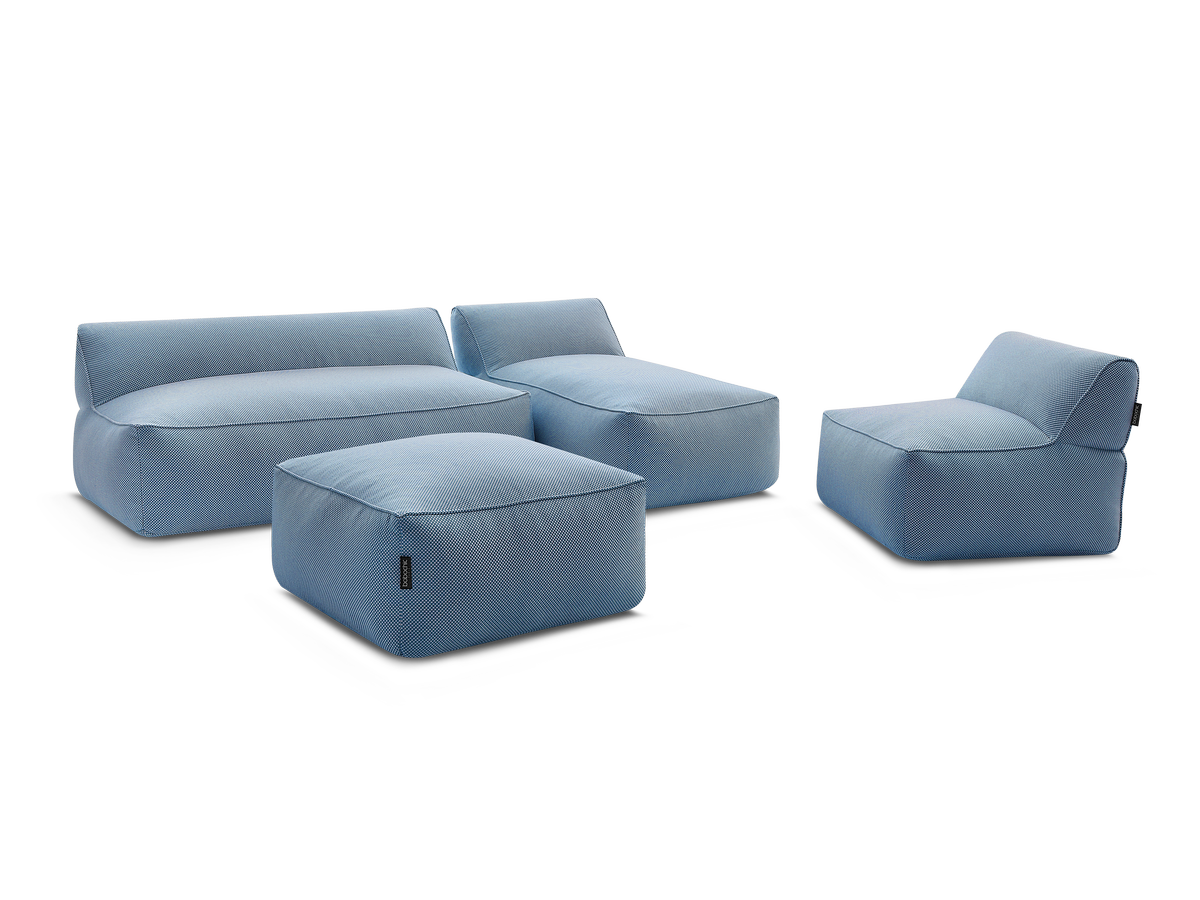 Sofa ogrodowa modułowa RIVIERA tkanina melanżowa z 1 Moduł 1-osobowymi, 1 Moduł 2-osobowymi, 1 szezlongiem i 1 pufą