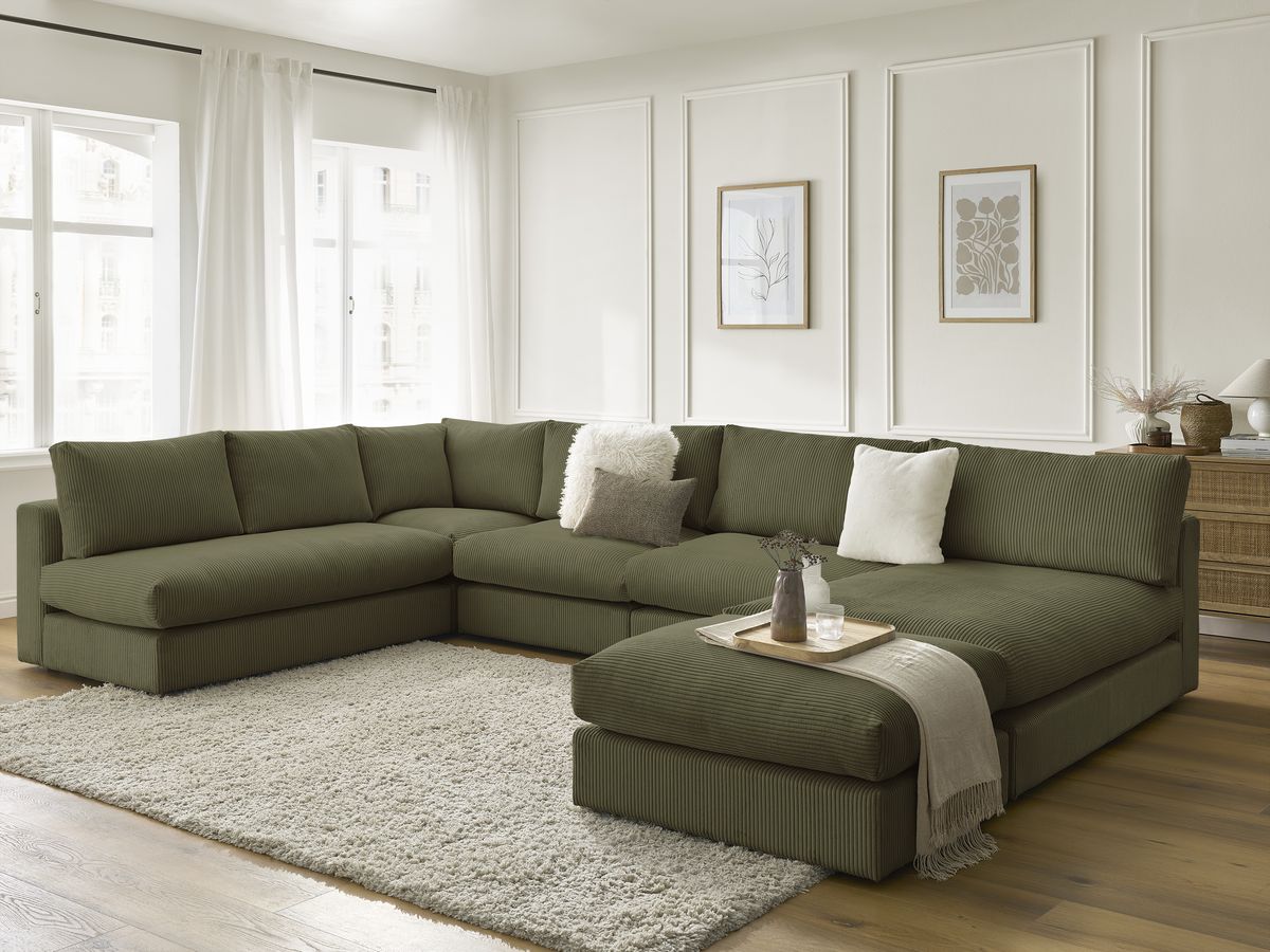 Narożnik modułowy PARIS sztruks z 3 modułami, 1 szezlongiem, 1 modułem narożnym, i 1 pufą