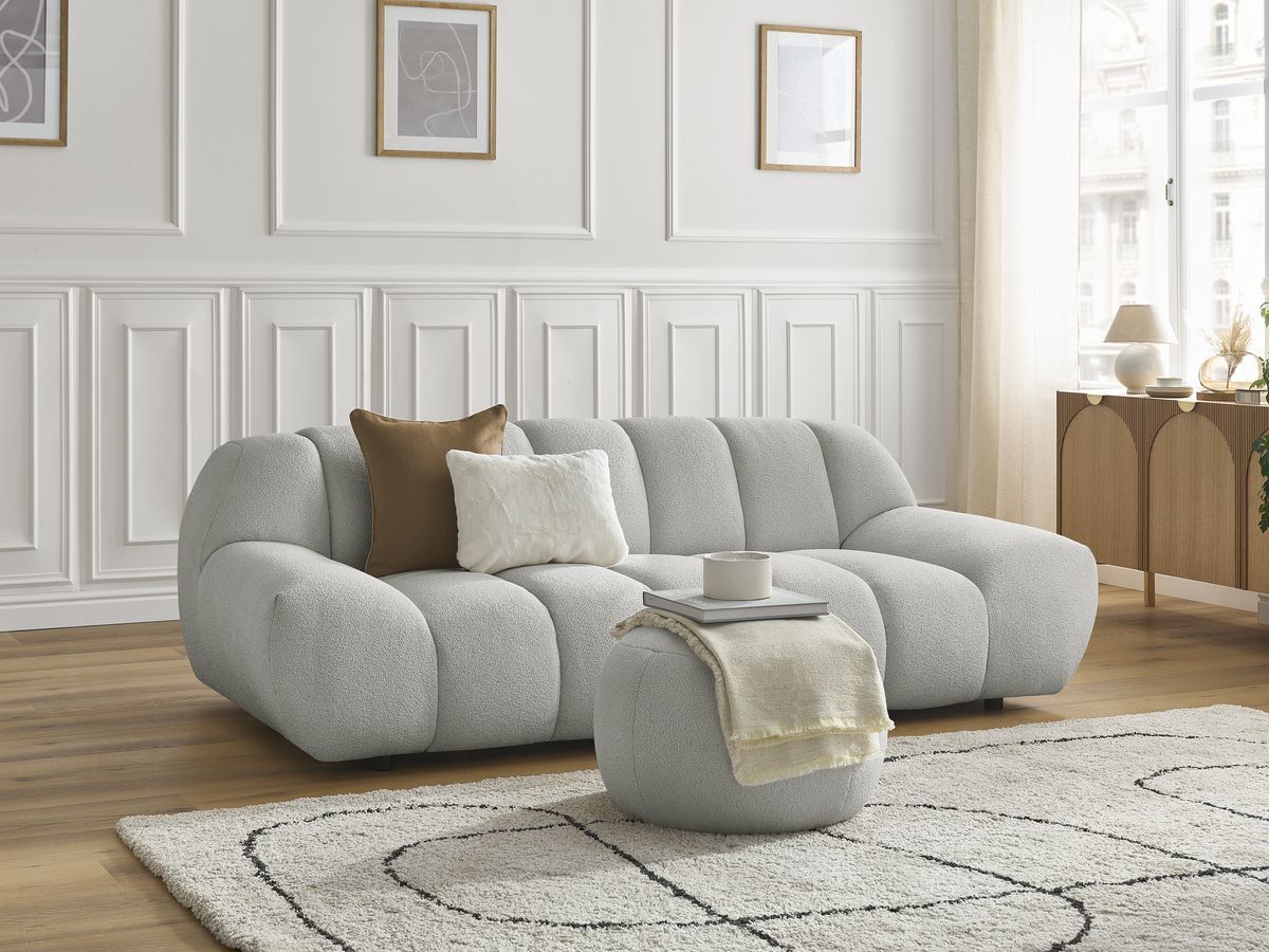 Sofa prosta 2-osobowa nierozkładana HAYDEN z małym pufem tkanina bouclé