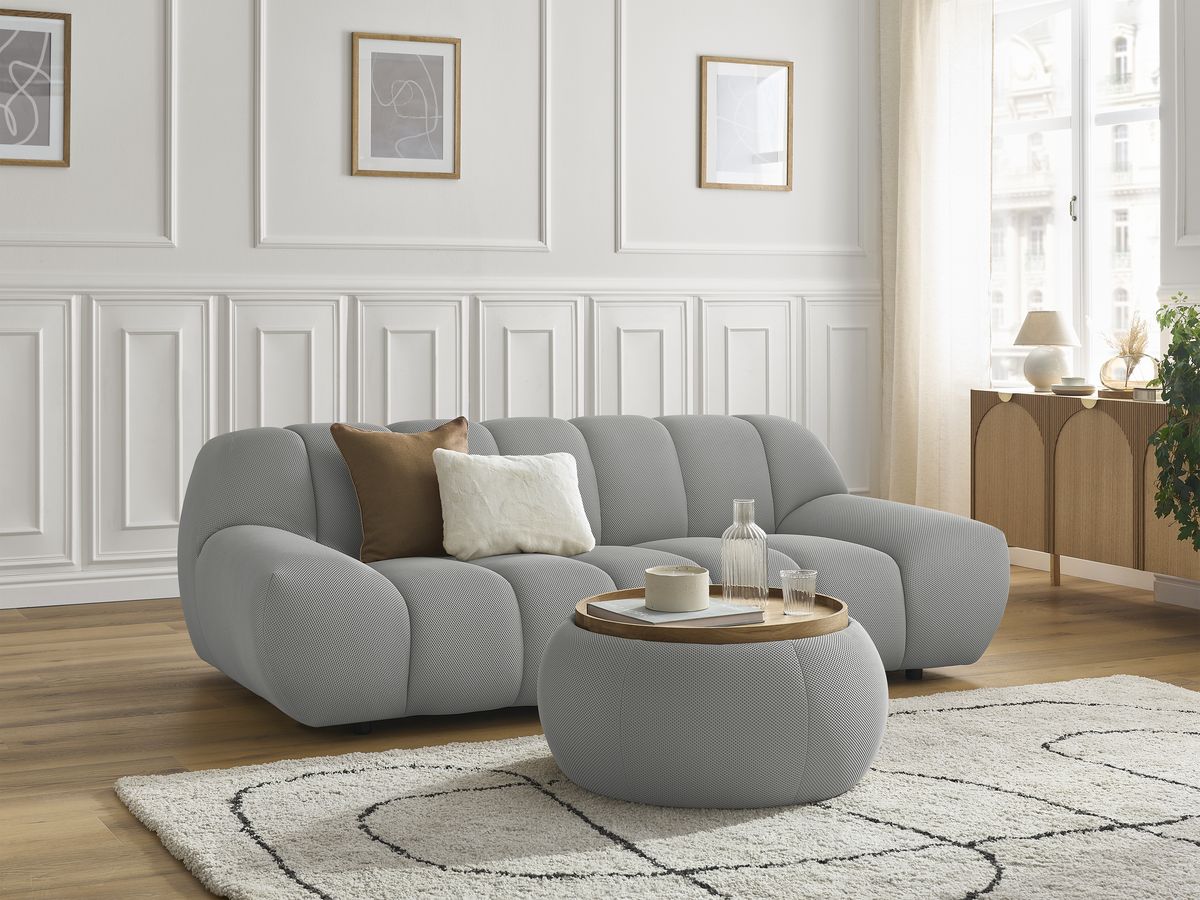 Sofa prosta 2-osobowa nierozkładana HAYDEN z małym pufem z blatem tkanina mesh