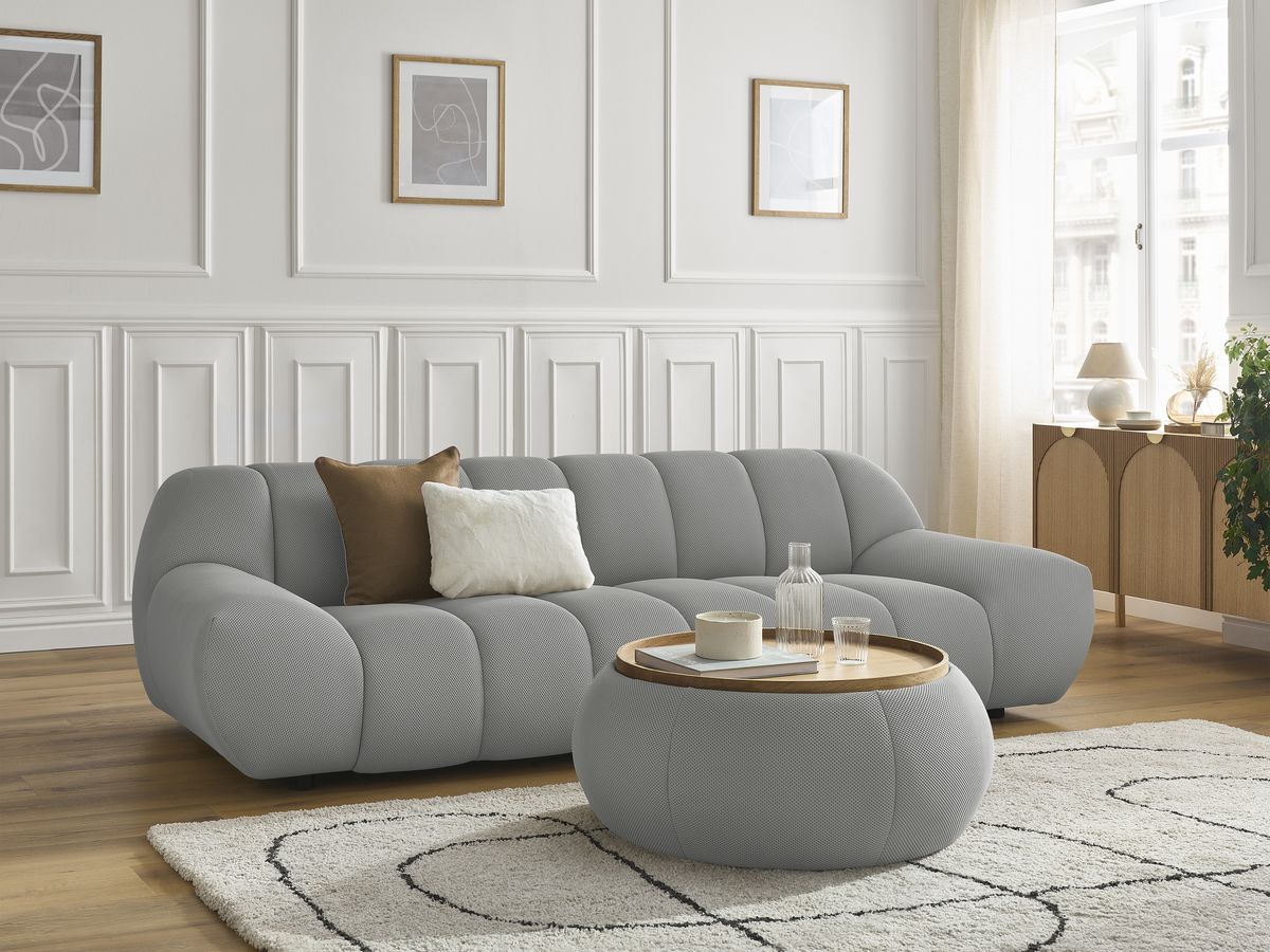 Sofa prosta 3-osobowa nierozkładana HAYDEN z dużym pufem z blatem, tkanina mesh