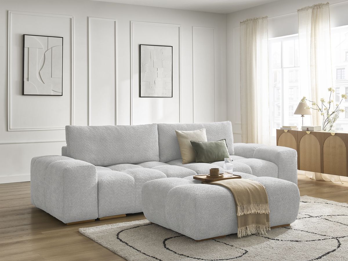 Sofa 3-osobowa nierozkładana ANAKIN tkanina bukla z pufą