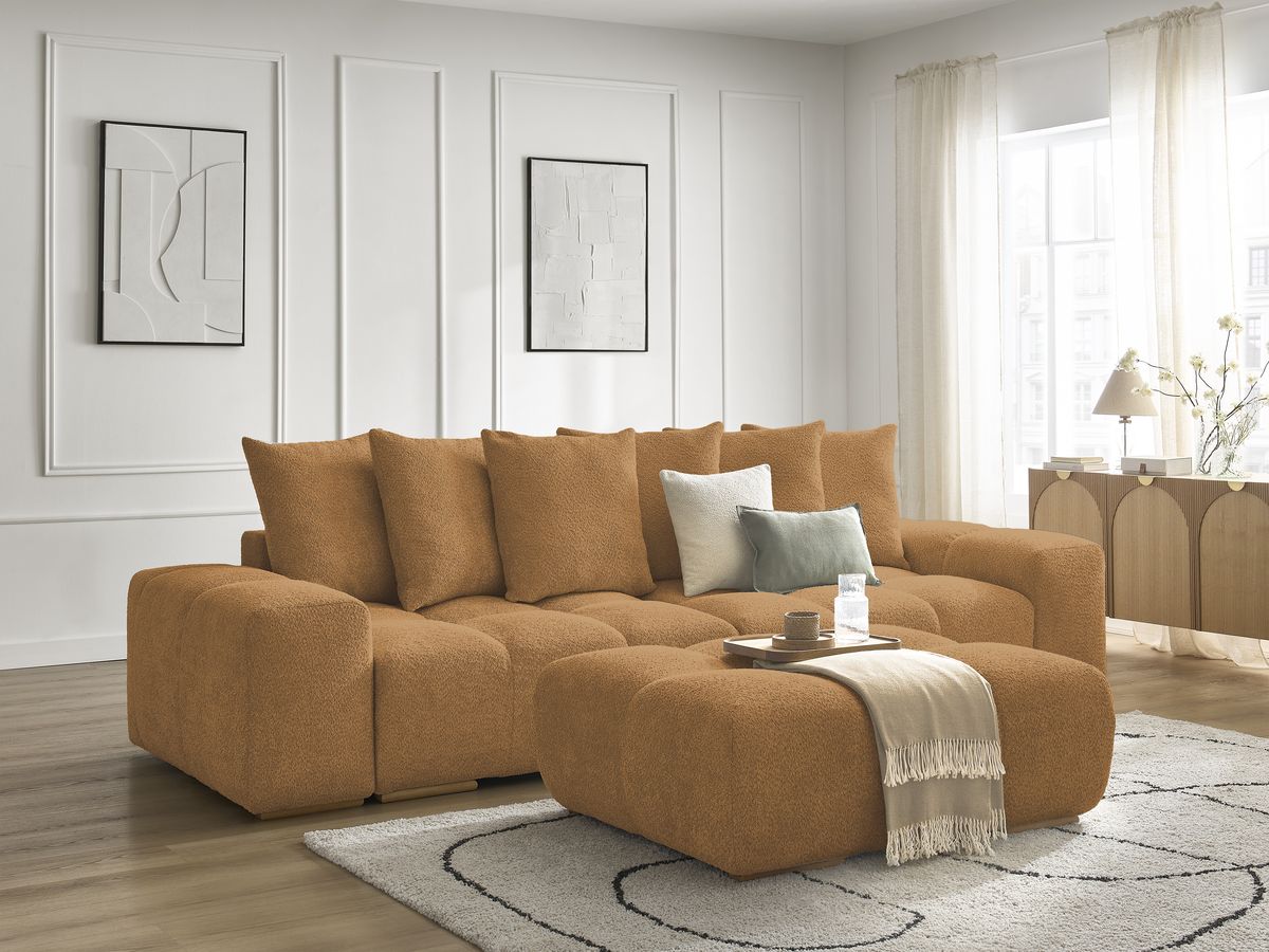 Sofa rozkładana z pojemnikiem ANAKIN tkanina bukla z pufą