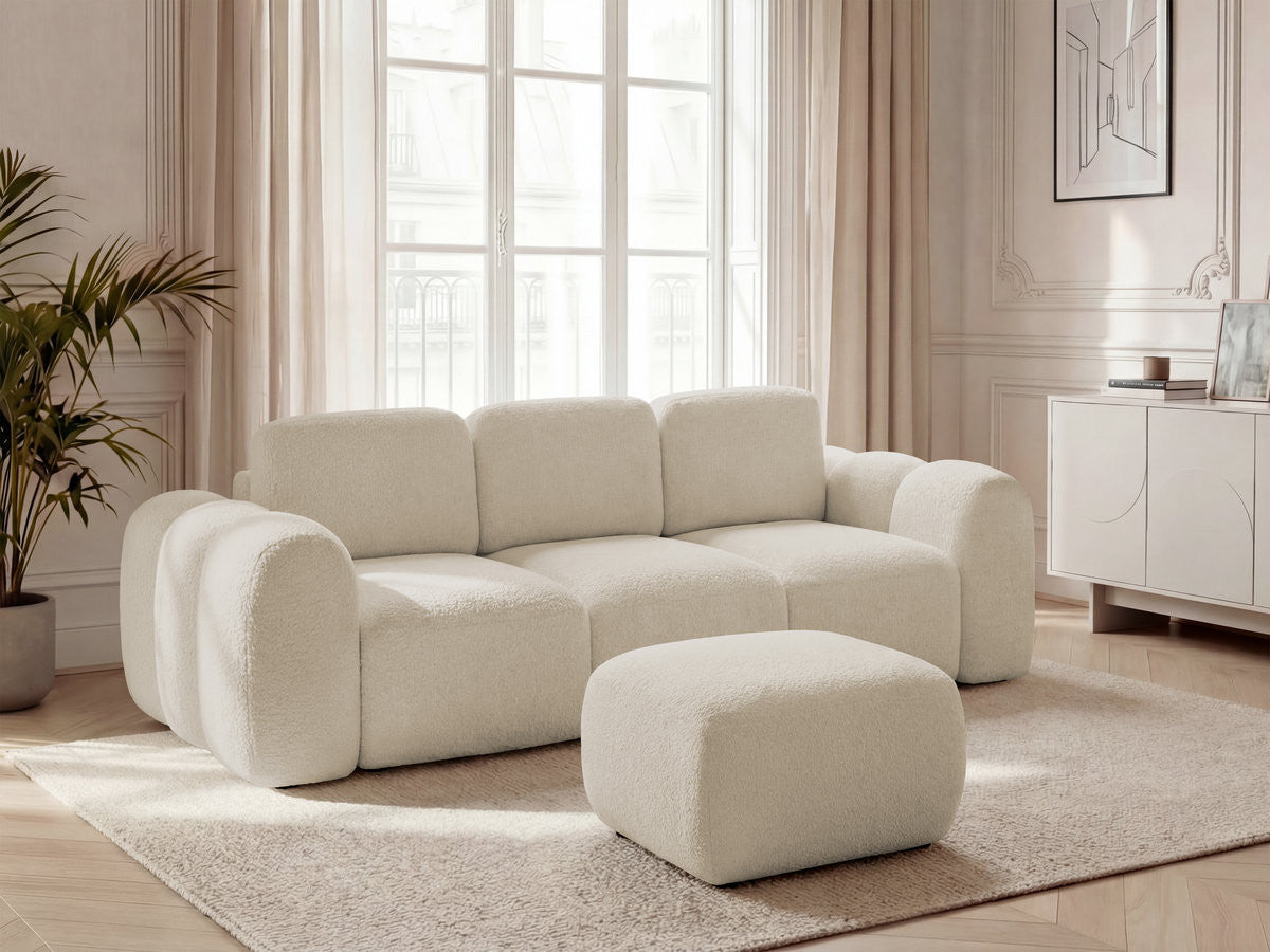 Sofa rozkładana z pojemnikiem 3-osobowa MONTAIGNE tkanina bukla z pufą