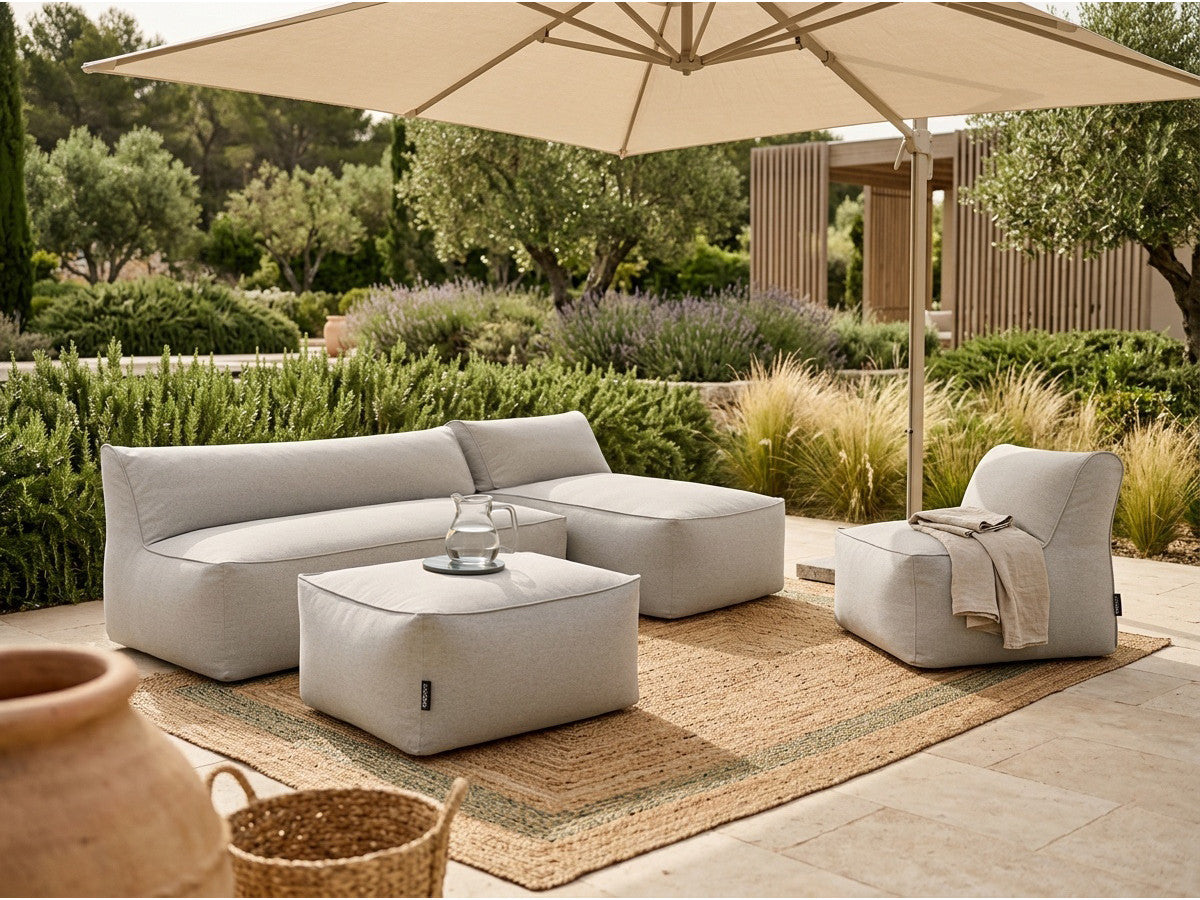 Sofa ogrodowa modułowa RIVIERA z 1 Moduł 1-osobowymi, 1 Moduł 2-osobowymi, 1 szezlongiem i 1 pufą