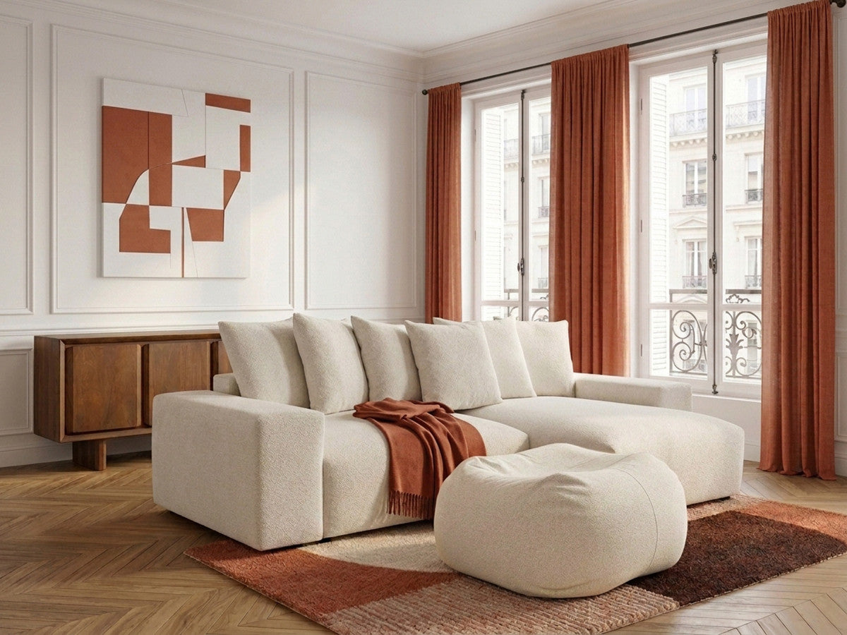Narożnik uniwersalny rozkładany z pojemnikiem VOLTAIRE tkanina melanżowa z pufą