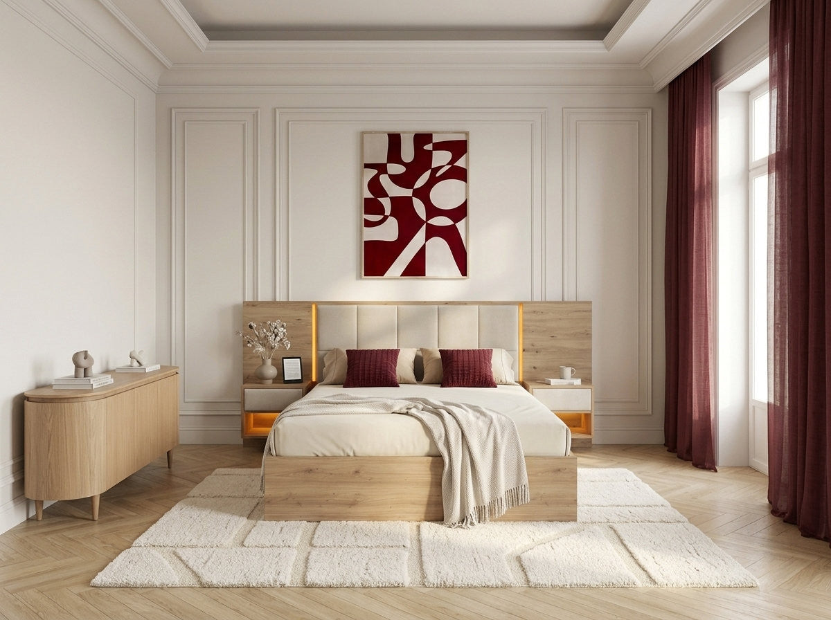 Łóżko z pojemnikiem, oświetleniem LED RYOKAN i wbudowanymi szafkami nocnymi