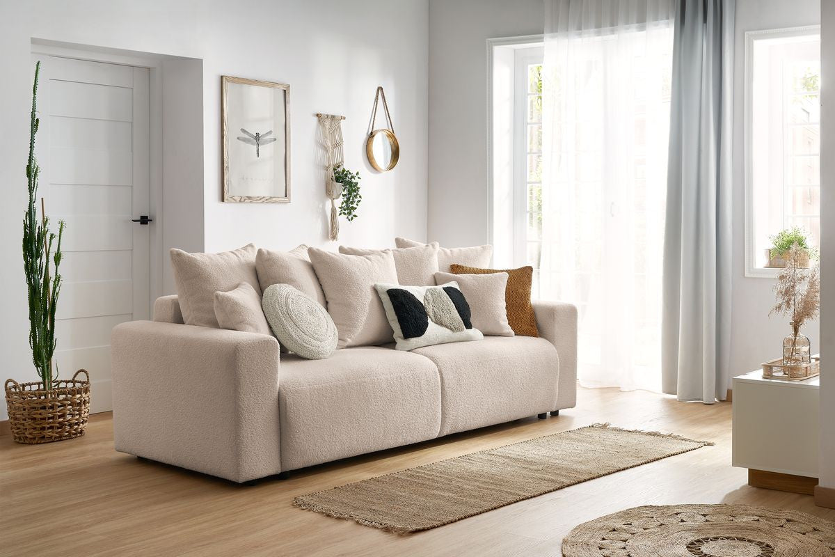 Sofa rozkładana z pojemnikiem ENVY miękka tkanina bukla