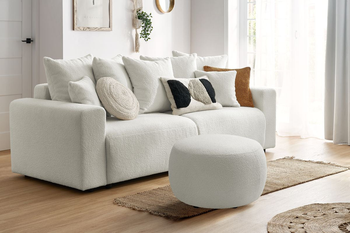 Sofa rozkładana z pojemnikiem ENVY miękka tkanina bukla z pufą okrągła