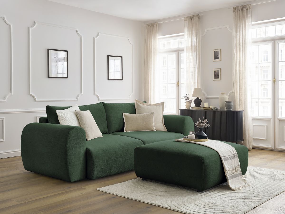 Sofa rozkładana z pojemnikiem LUCIEN gładka tkanina z pufą