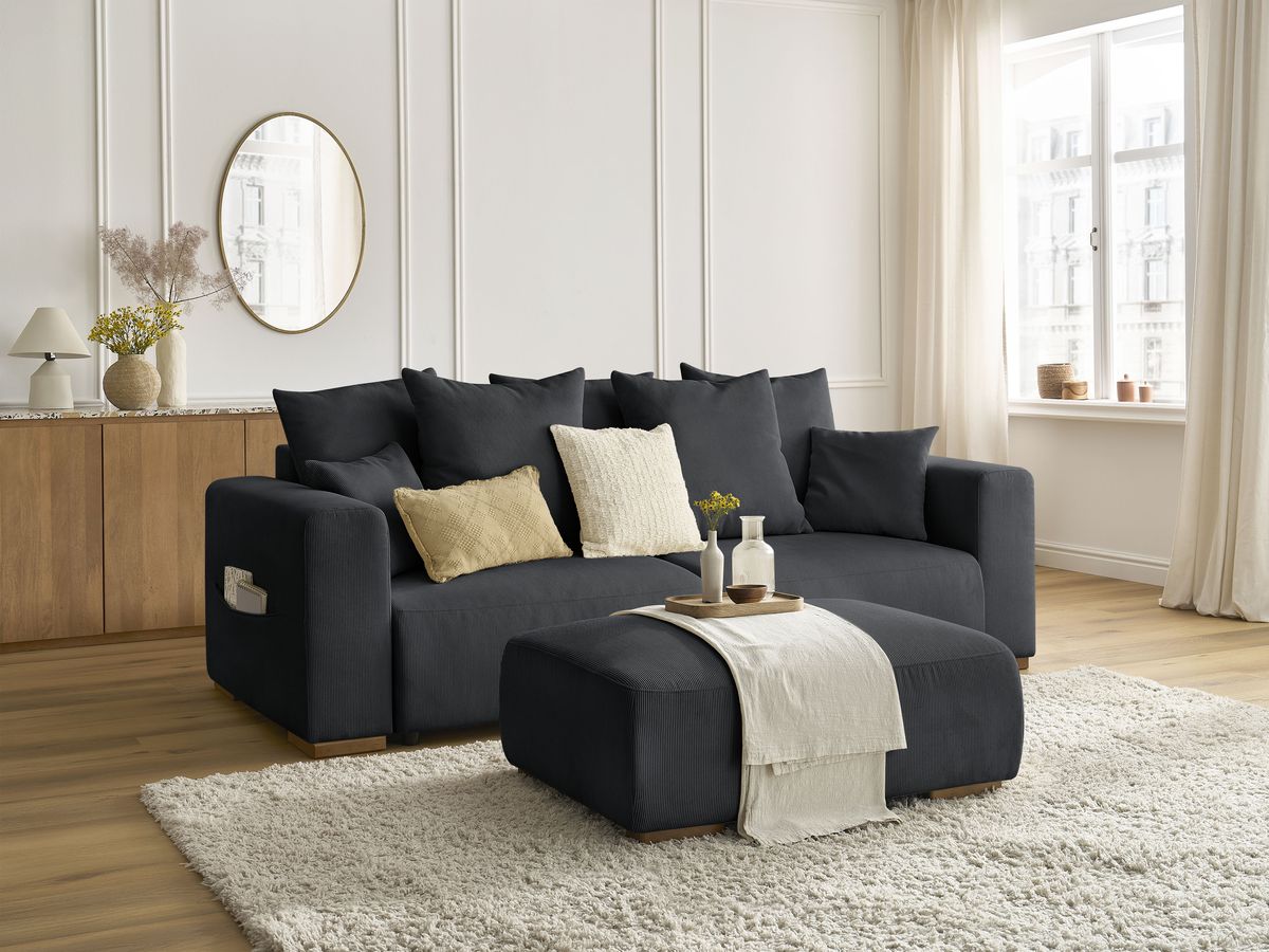 Sofa rozkładana z pojemnikiem SIDONIE sztruks z pufą