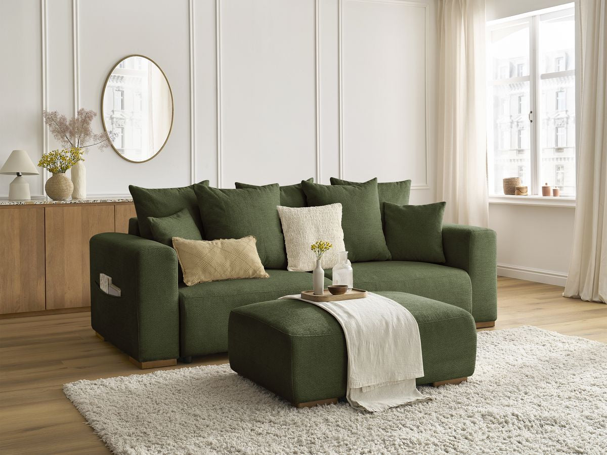 Sofa rozkładana SIDONIE tkanina melanżowa z pufą