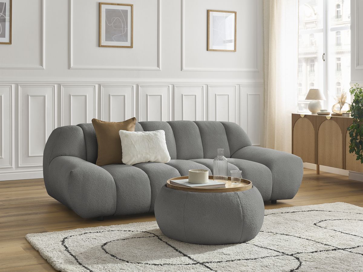 Sofa prosta 2-osobowa nierozkładana HAYDEN z małym pufem z blatem tkanina bouclé