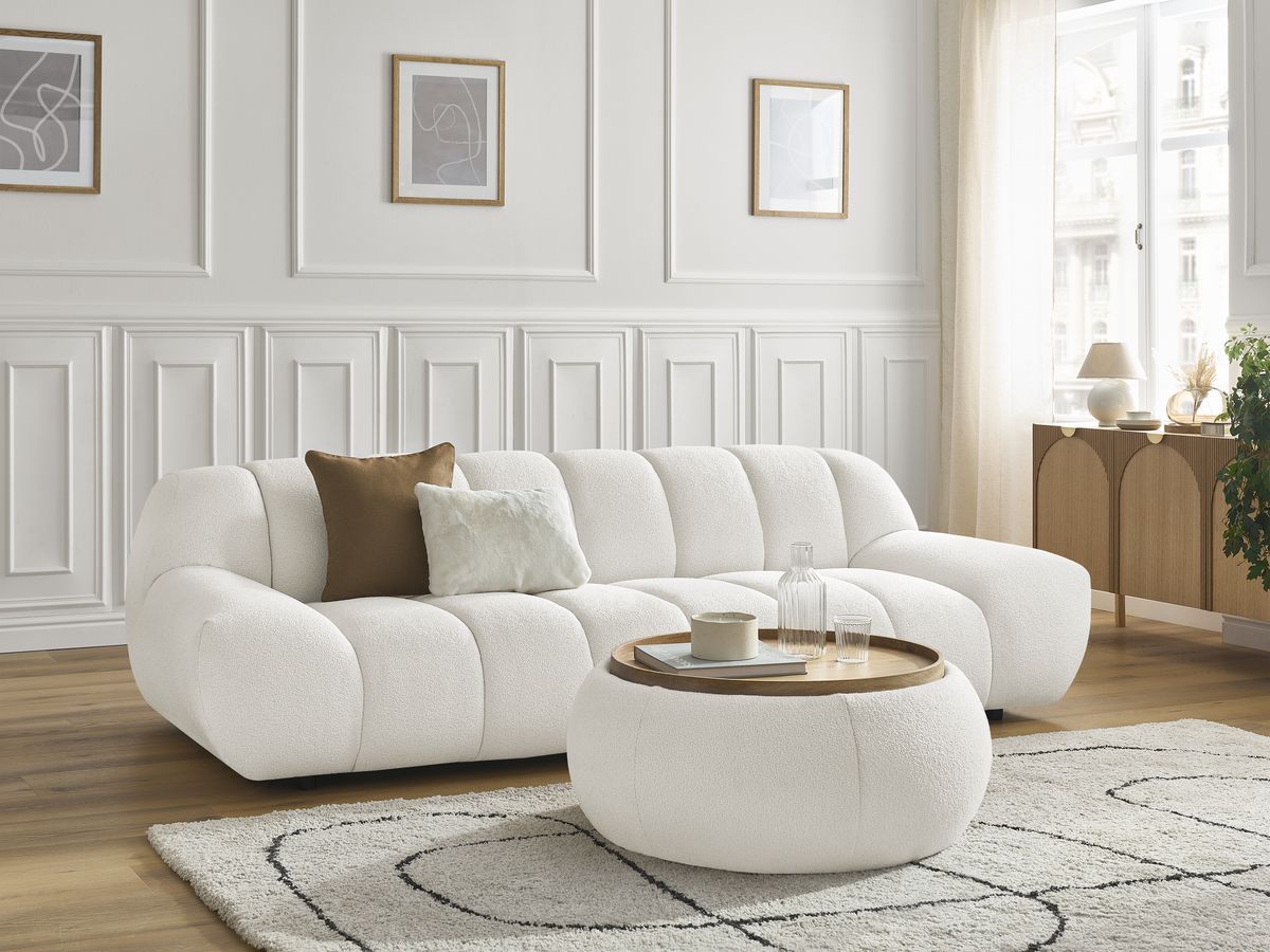 Sofa prosta 3-osobowa nierozkładana HAYDEN z dużym pufem z blatem tkanina bouclé