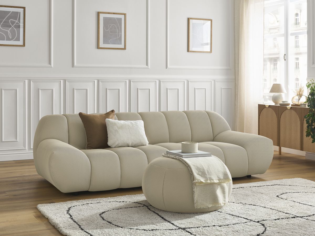 Sofa prosta 3-osobowa nierozkładana HAYDEN z dużym pufem tkanina mesh