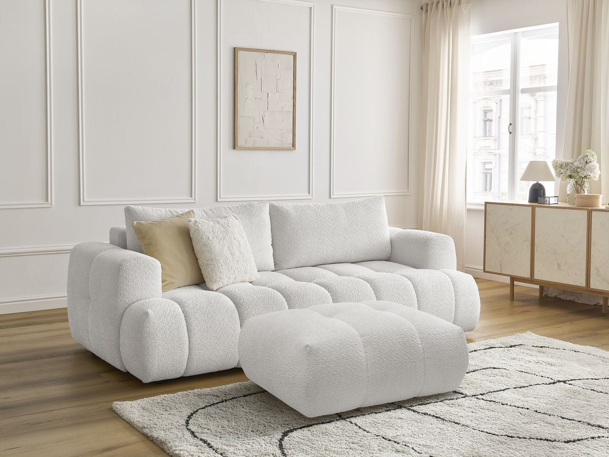 Sofa rozkładana 3-osobowa FUJI tkanina bukla z pufą