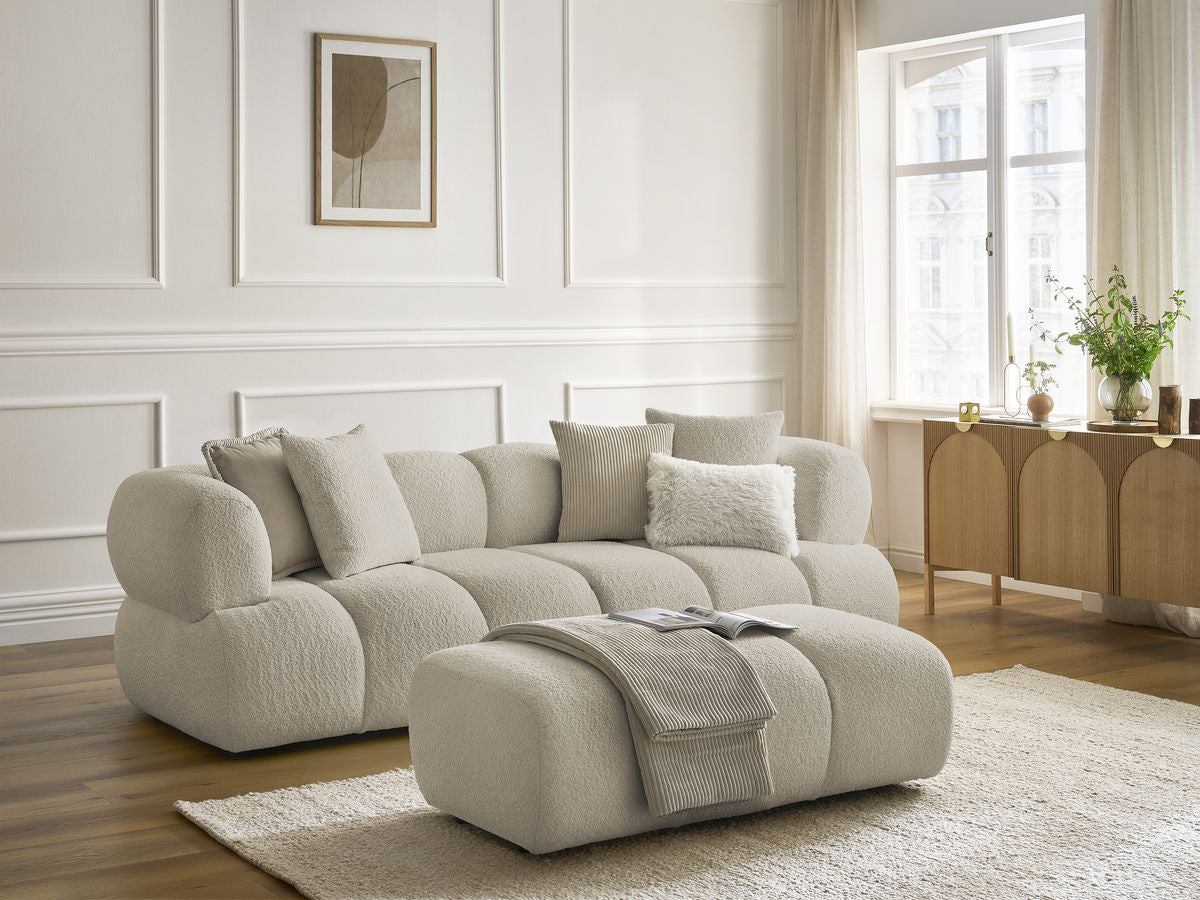 Sofa 3-osobowa nierozkładana PAMIRA tkanina bukla z pufą
