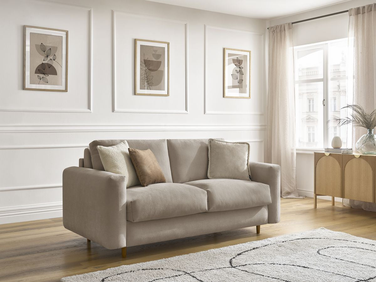 sofa prosta rozkładana nouveau cocoone z systemem ekspres tkanina gładka kolorowy beżowy