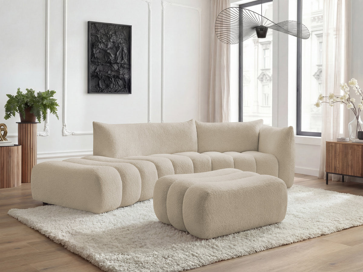Sofa zaokrąglona 4-osobowa nierozkładana AZRA tkanina bukla z pufą