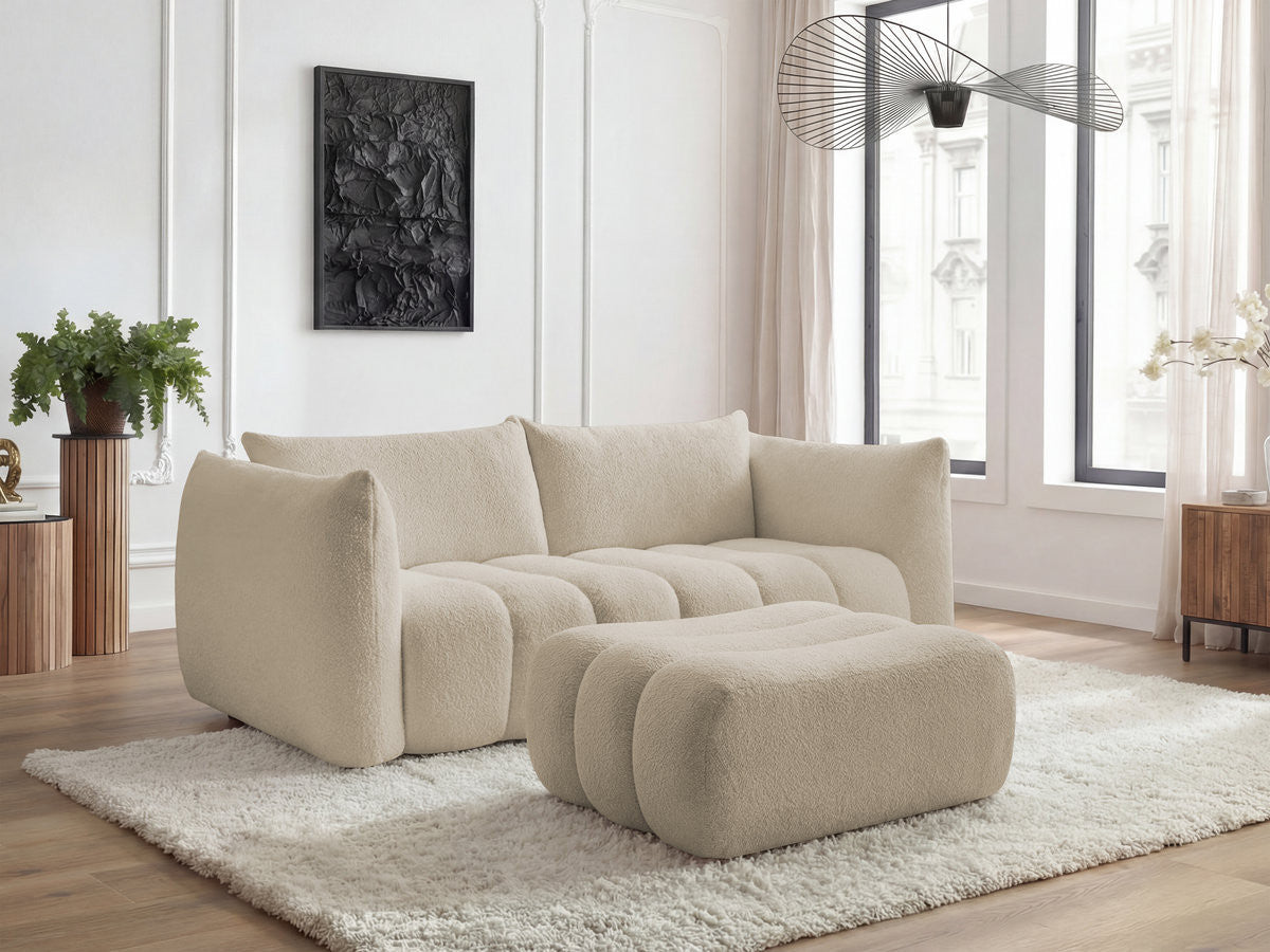 Sofa 3-osobowa nierozkładana AZRA tkanina bukla z pufą