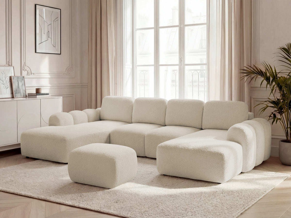 Narożnik panoramiczny rozkładany z pojemnikiem MONTAIGNE tkanina bukla z pufą