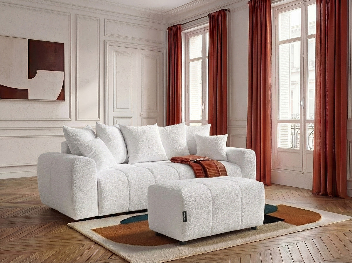 Sofa prosta 3-osobowa rozkładana ROXELANE tkanina bouclé z pufą