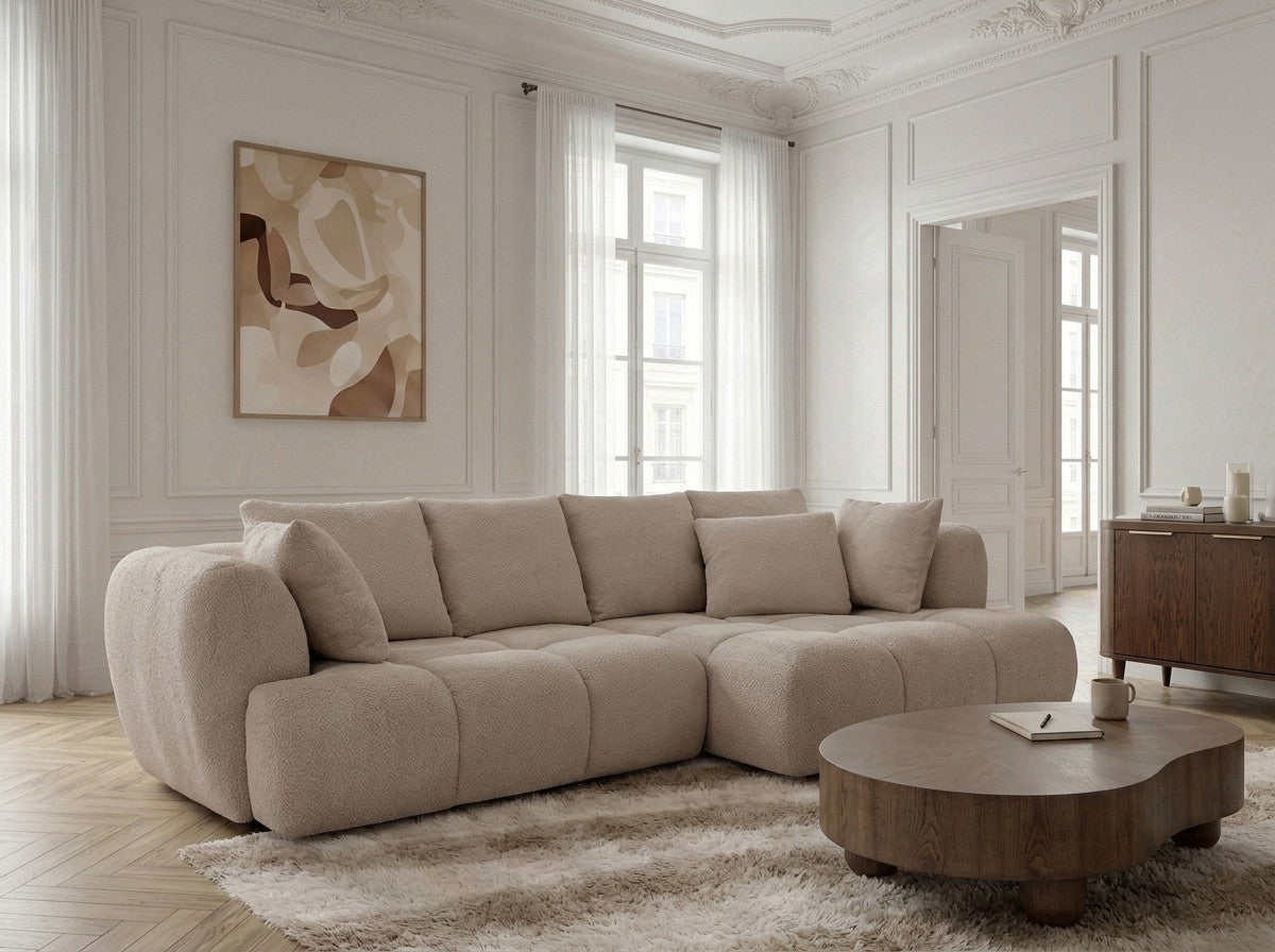 Narożna sofa z funkcją spania i elektryczną regulacją głębokości AUDE, obita tkaniną boucle