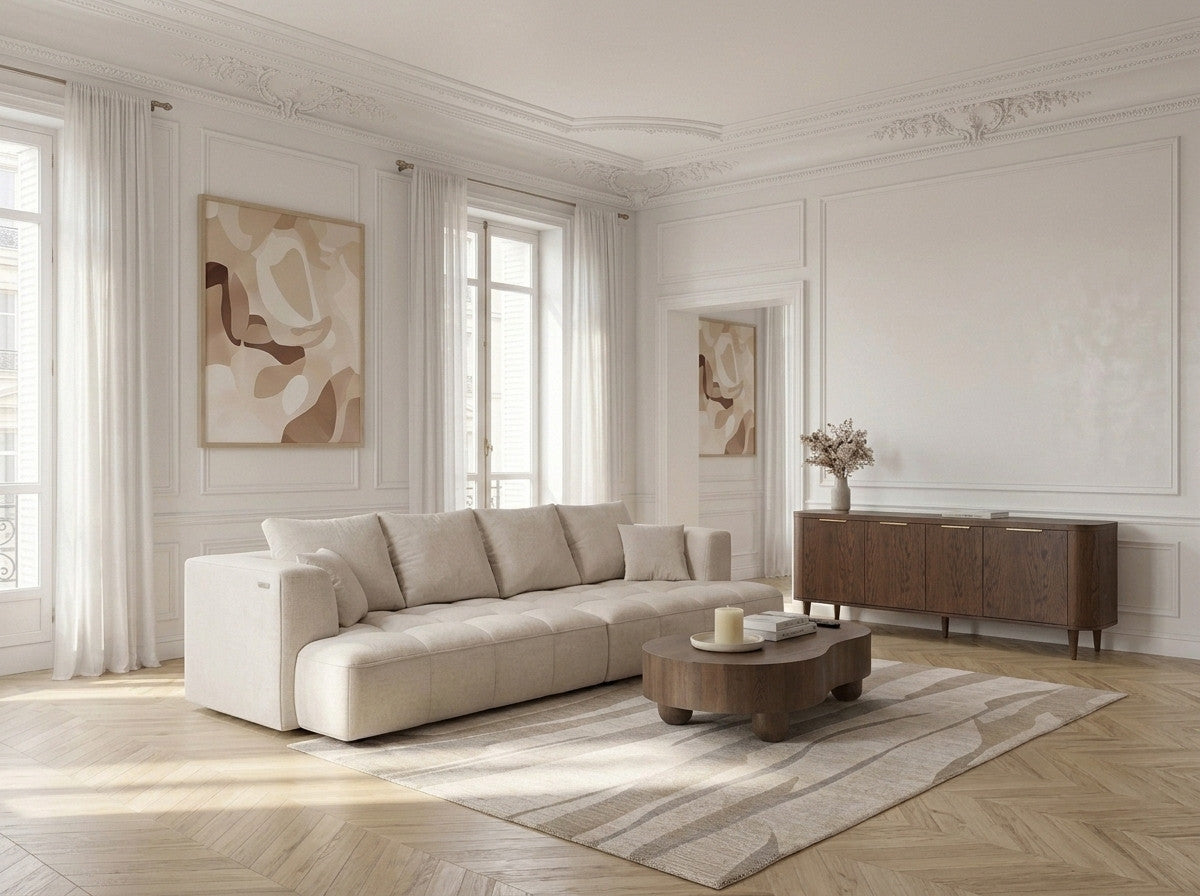 Prosta sofa z podwójną funkcją spania i elektryczną regulacją głębokości CLOVIS, obita gładką tkaniną
