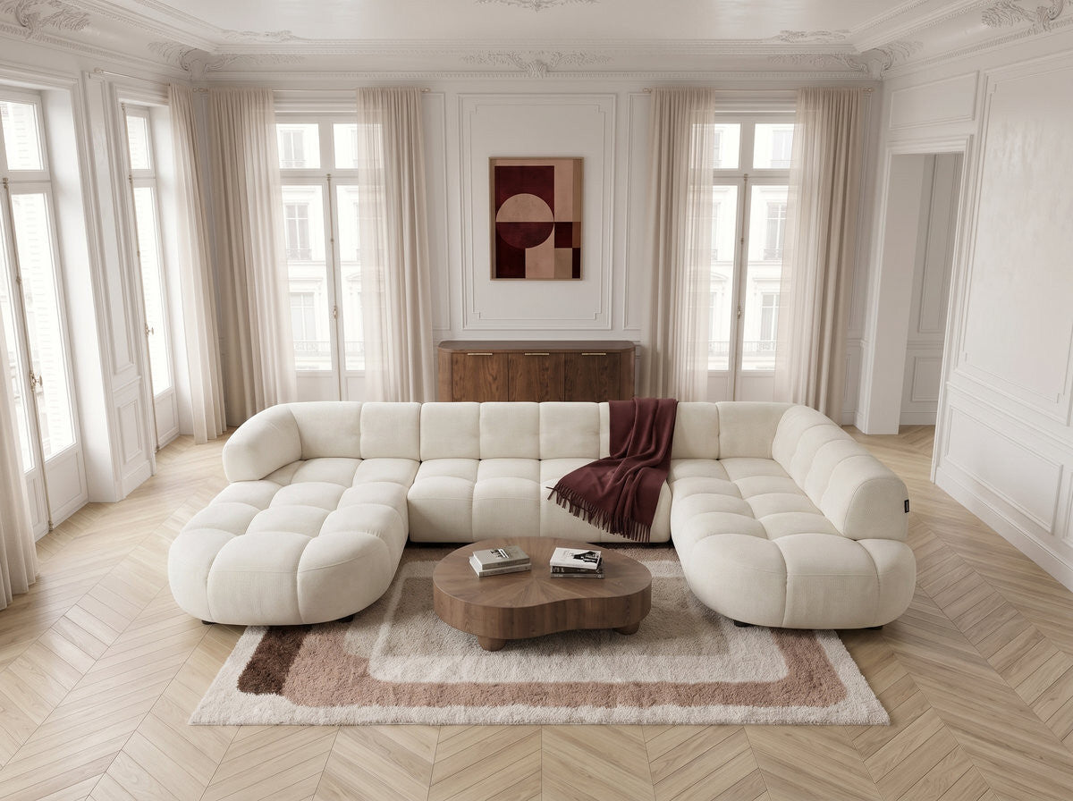 Sofa panoramiczna z elektrycznym wysuwaniem i wsuwaniem, LOVELY, tkanina szenilowa