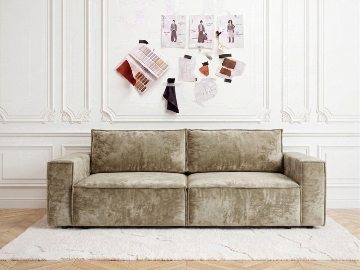 Sofa prostą nierozkładaną, 2-osobową NIHAD, z tkaniną z jedwabnego weluru